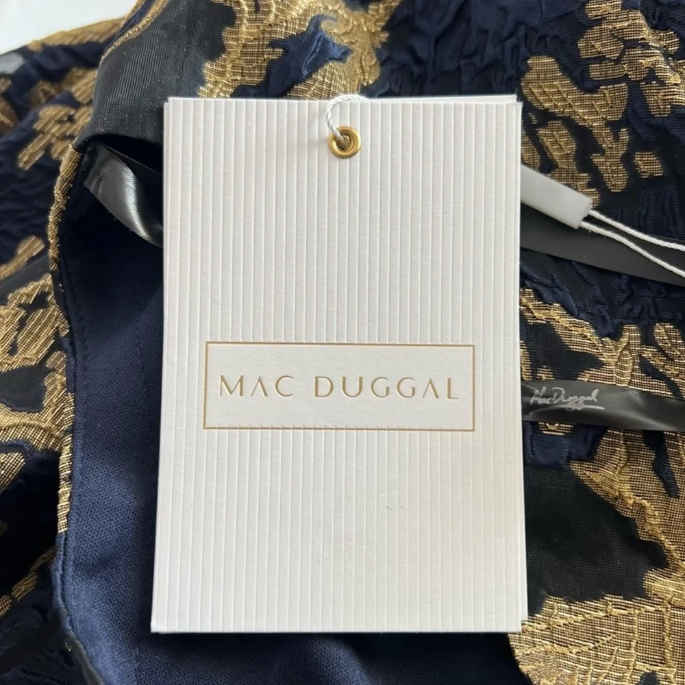 NEW NWT Mac Duggal Cocktail Dress Gown Blue Gold Brocade Size 10 Ruffle - Picture 13 of 15